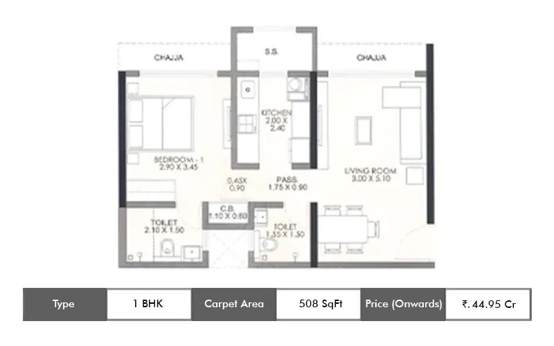 Regency Anantam 1 BHK floor plan, 508 sq ft carpet area